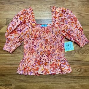 CeCe by Cynthia Steffe Puff Sleeve Smocked Top Size Small